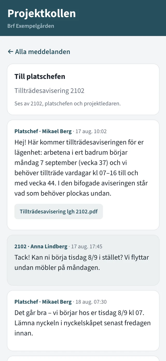 Projektkollen i mobilen: tillträdesavisering som riktat meddelande med bifogad PDF och boendes svar