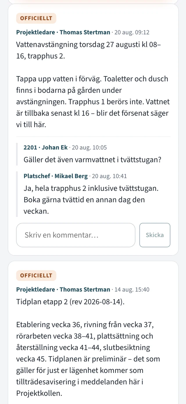 Projektkollen i mobilen: väggen med ett officiellt utskick om vattenavstängning och boendes kommentarer