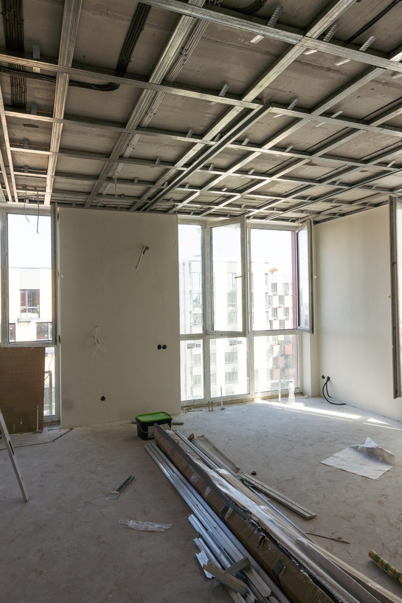 The metal frame of the ceiling, sound insulation, in the process of repairing an apartment. High quality photo